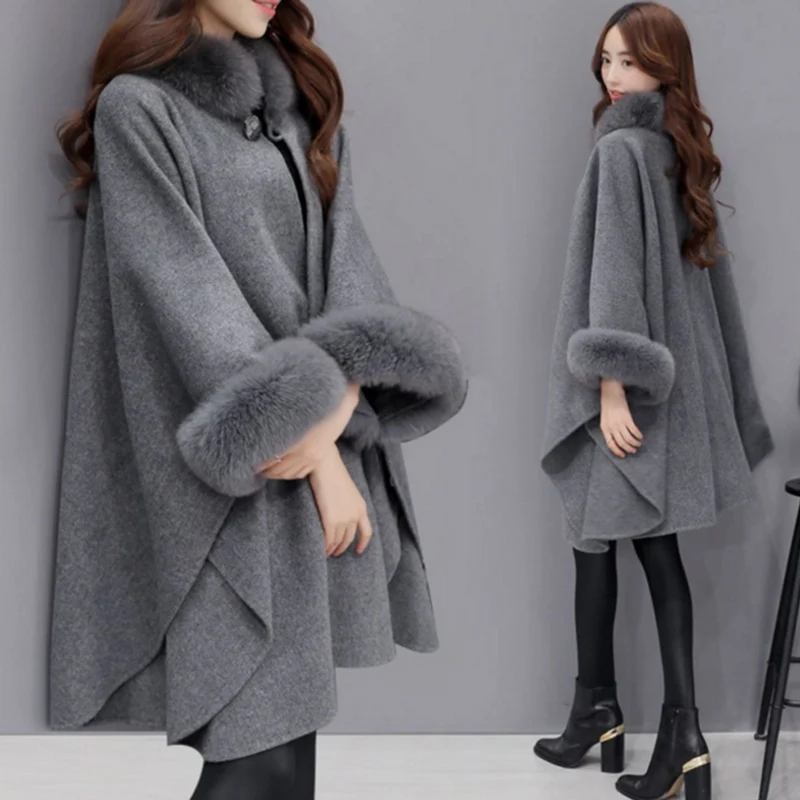 

Ponchos and Capes Women Fashion Ladies Flare Sleeve Faux Fox Fur Collar Winter Gray Wool Cloak Cape Coat Poncho Long Overcoat