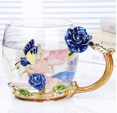 Голубая роза и Стразы Украшенные эмалированная чашка для кофе кружка цветок чай стекло молочные чашки сплав рукоятка чашки и кружки подарок - Цвет: A