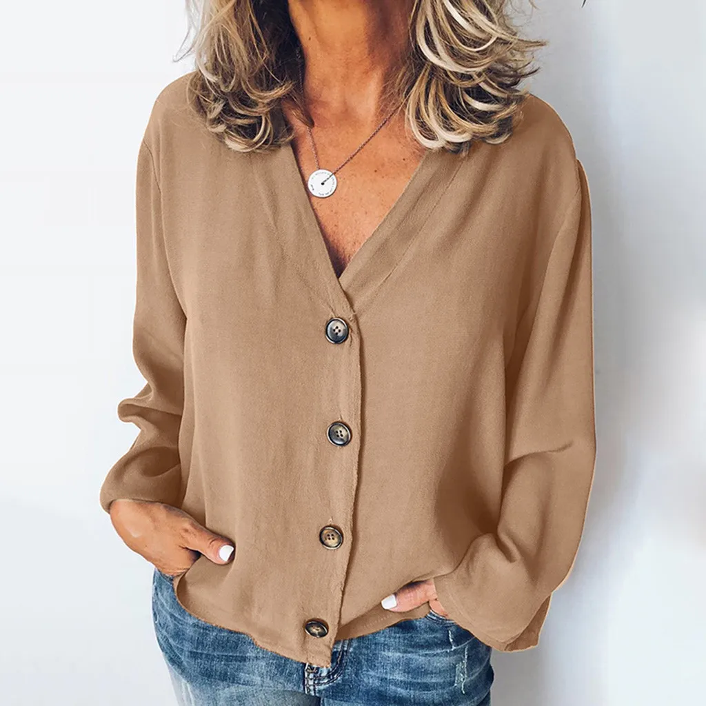 Женская Повседневная однотонная блуза с длинным рукавом, v-образным вырезом и пуговицами, свободная рубашка, топы, блузка, женские топы и блузки, camisas mujer, новинка