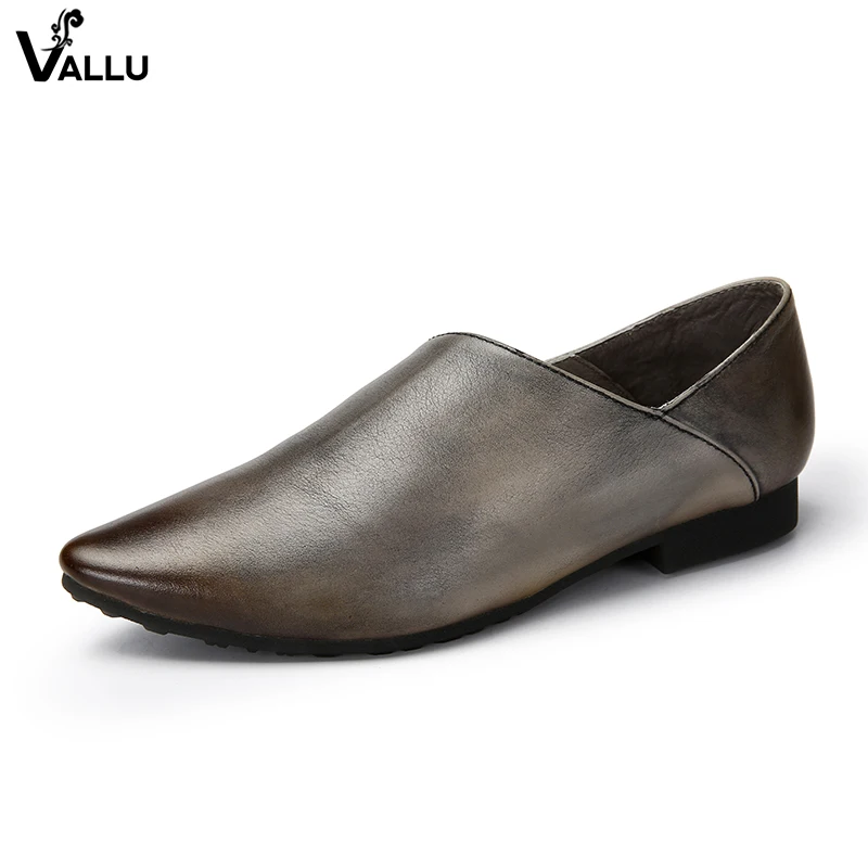 

2018 VALLU Handmade Genuine Leather Women Flat Shoes Pointed Toes Slip On Loafers Soft Comfortable Vintage Ladies Flats