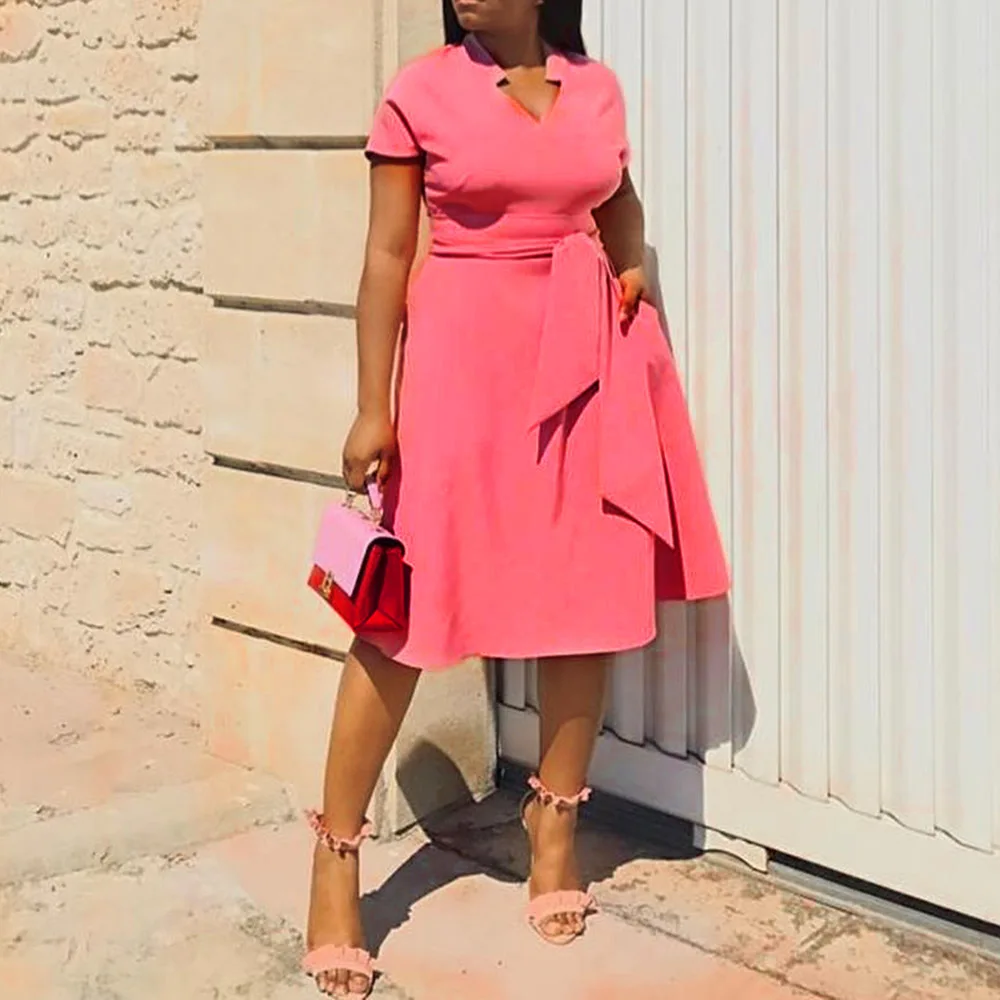 Розовые милые Африканские модные размера плюс вечерние элегантные летние женские миди платья простые кружевные офисные женские винтажные платья