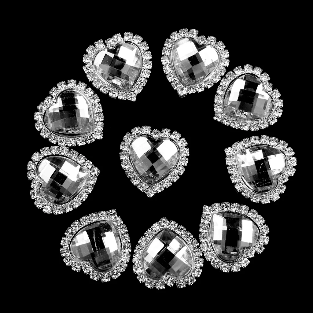 10pcs Clear Crystal Rhinestone Button Love Heart Shaped Button Flatback Decoration DIY Sewing for Bag Clothes - 20x25mm