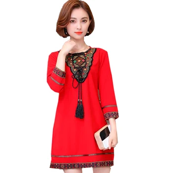 

Embroidery Nation style dress women oversized plus size 4XL casual loose half sleeves Vintage dress woman autumn clothing 56