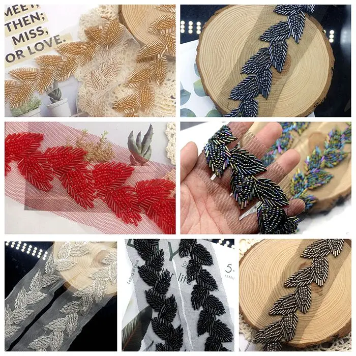 

1.8 Meters/pieces white/black Beaded Lace Trim Tape Fabric Ribbon DIY Collar Sewing Garment Headdress materials Leaf Beaded