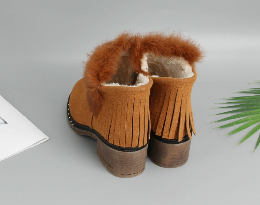 Meotina/плюшевые зимние ботинки с бахромой зимние ботинки женские ботильоны из коровьей замши с натуральным кроличьим мехом на толстом высоком каблуке коричневый, зеленый цвет, 33-43