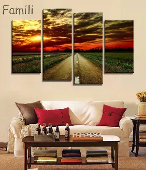

Modular Home Decoration Framework Modern Wall Art Photo 4 Panel Canvas Painting Misty Road Autumn Pictures For Living Room