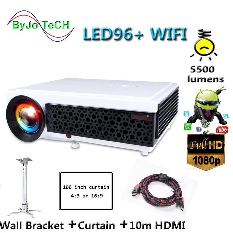 

Poner Saund LED96+ WIFI Projector Android 6.0 Full HD 1080P 5500 Lumen Proyector 10m HDMI Wall Bracket Screen curtain Vs led96