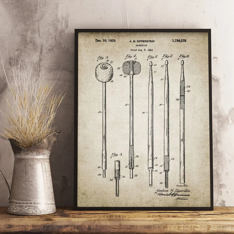 Набор барабанов патент старинные плакаты печать барабанная палочка музыка тарелки барабан дизайн стены искусства холст картины барабанщик идея подарка