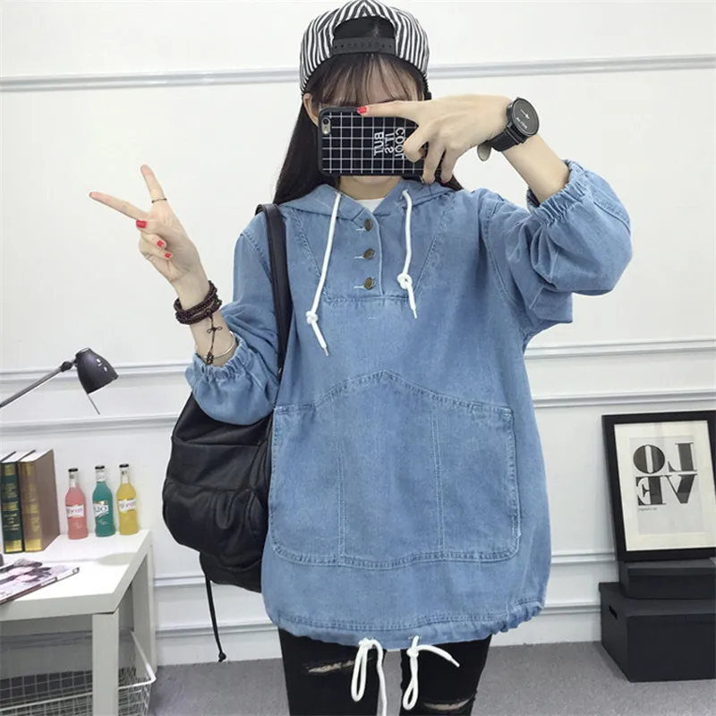 

Denim Outwear Spring Autumn Hoodies 2019 New Loose Casual Denim Hoodies Female Large Size Solid Color Hoodies Hooded Tops JIA355