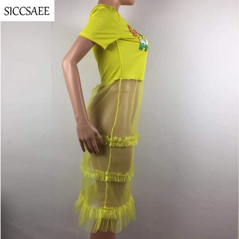 Short Sleeve Tee For Women Maxi Tshirt Dress Cartoon Letter Printed Patchwork Ropa Mujer Casual Streetwear Mesh Ruffles Summer