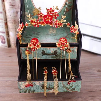 

Red hairband headwear bridal hairpin earrings set up 2018 new style ancient costume shooting headwear