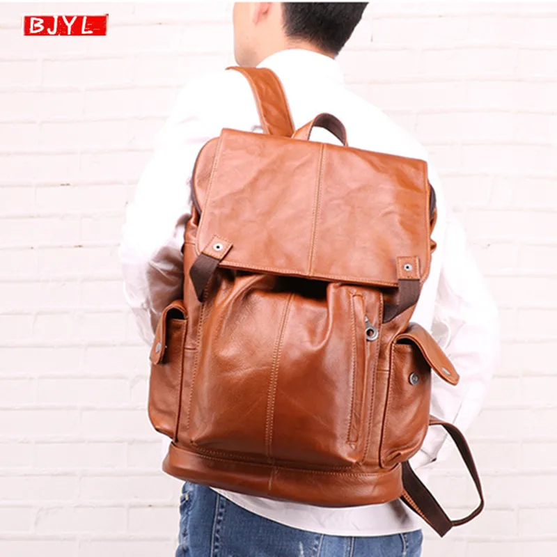 

BJYL 2019 New Men's Backpack Vintage Genuine Leather Men computer shoulder Bag Folding laptop Backpack Men Travel backpacks