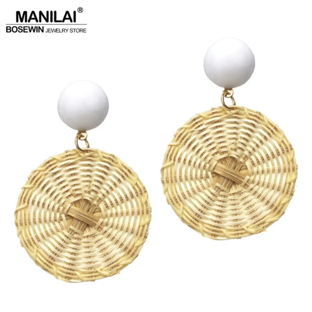 MANILAI Korean Straw Woven Geometric Dangle Earrings For Women Fashion
