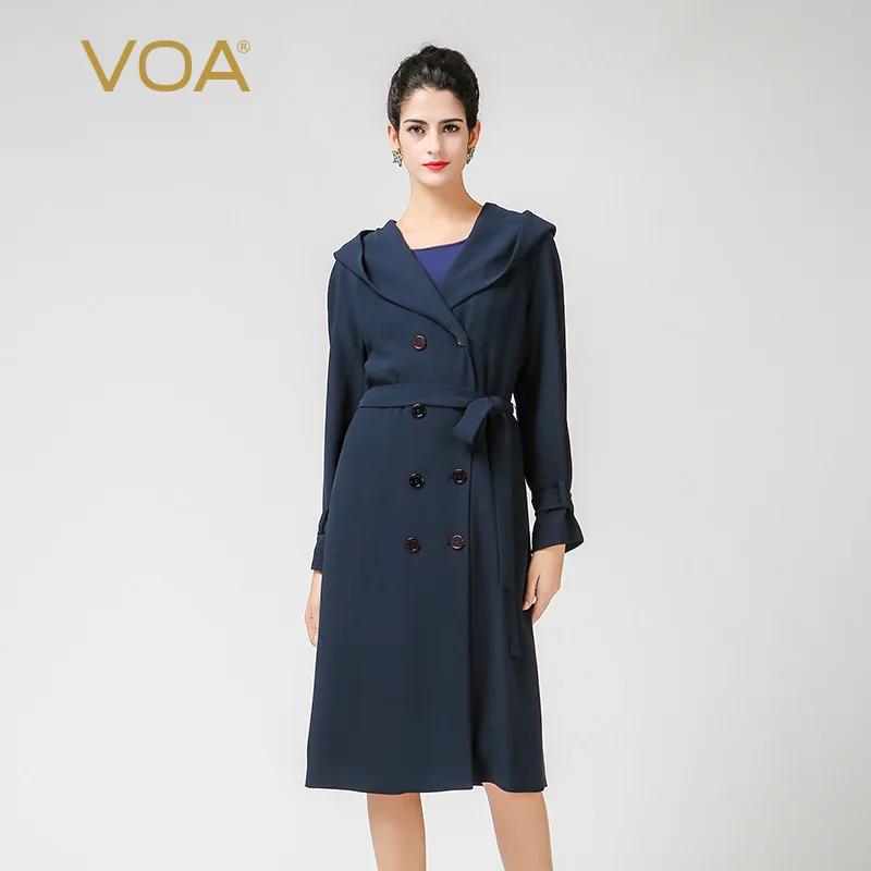 VOA 2018 Autumn Navy Blue 60 MM Heavy Silk Trench Coat Plus Size Simple