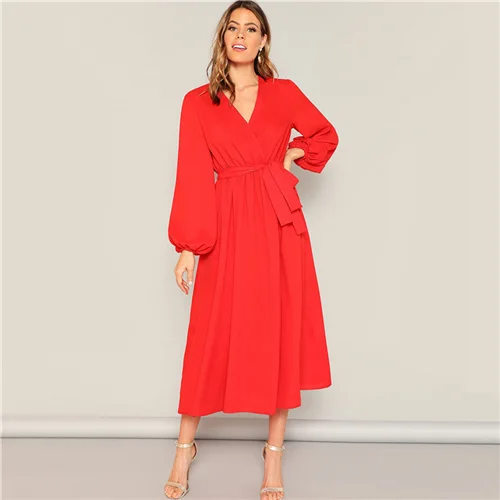 Sheinside платье с рукавами-фонариками и запахом на шее, элегантное женское длинное платье, красное неоновое яркое расклешенное весеннее платье - Цвет: Red Neon Bright