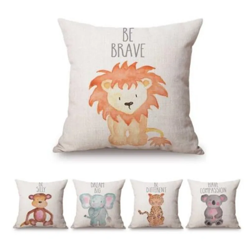

Cute Watercolor Animals Letter Print Kids' Children Room Decoration Cushion Cover Pretty Lovely Cartoon Baby Animal Throw Pillow