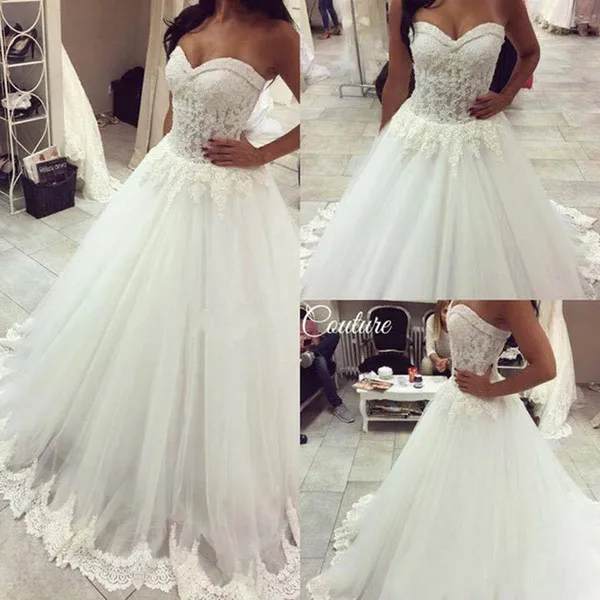 2018 Elegant White Sexy Sweetheart Strapless A-Line Wedding Dresses Beads Lace Appliques Bridal Gowns Princess Plus Size Vestidos De Noiva