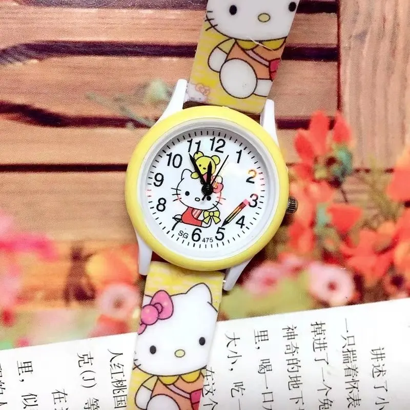 Модный крой; для детей; для девочек; очаровательные Новые «Hello Kitty» с принтом, из силикона ремешок кварцевые часы с мультипликационными изображениями