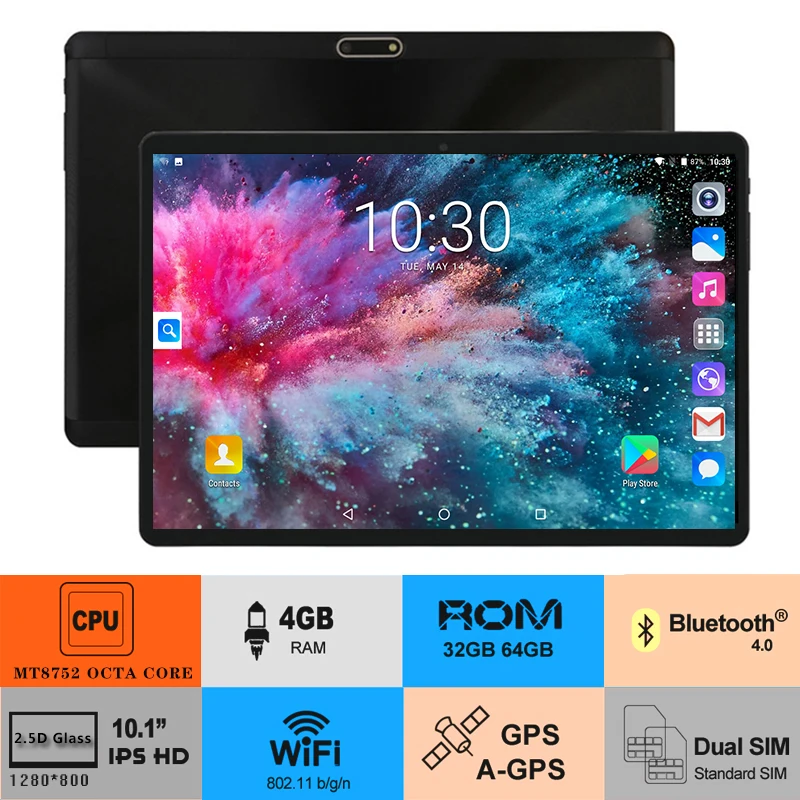 10 inch Octa Core tablet Android 8.0 4GB RAM 64GB ROM Dual SIM Cards 3G 4G FDD LTE GPS Pad 10.1 IPS 1280X800 2.5D Screen +Gifts