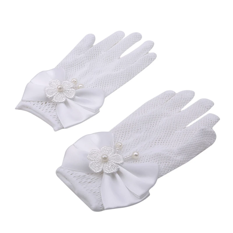 1 пара белых кружевных перчаток в сеточку с искусственным жемчугом для причастия, с цветами, для девочек 4-15 лет, вечерние аксессуары для свадебной церемонии - Цвет: Белый