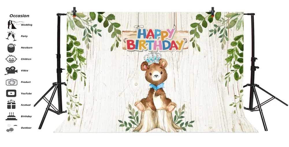 Laeacco Baby Birthday Teddy Bear Baby Cartoon Party Gray Wall Tree Photo Backdrop Photography Backgrounds Photocall Photo Studio