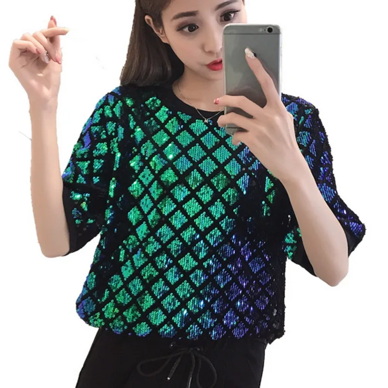 

KYMAKUTU Half Sleeve O Neck Tee Shirt Femme New Fashion Sequined T Shirts Loose Summer Tshirt for Women Clothing Tops 2 Colors