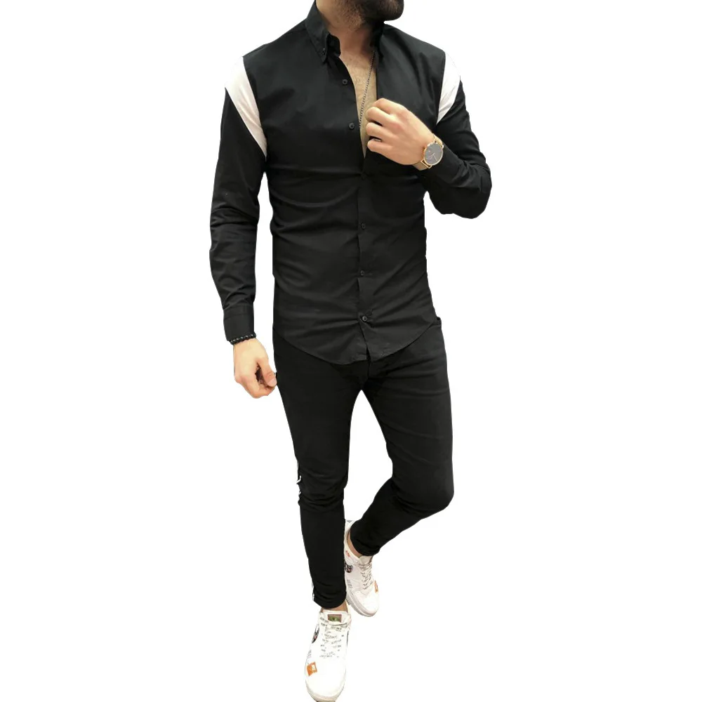 Мужские модные рубашки, корейский стиль, вечерние, белые, синие, в стиле пэчворк, черные рубашки для мужчин, Camisa Social Masculina, облегающие рубашки - Цвет: Черный