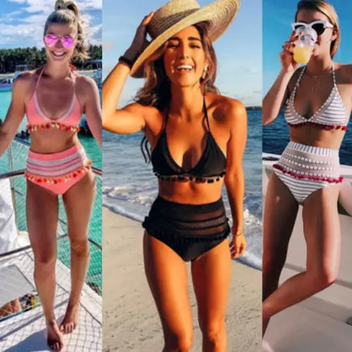 

New Style Women High Waist Bikini Set Push Up Padded Halter Fringe Printed Ladies Swimsuit Bathing Suit Swimwear
