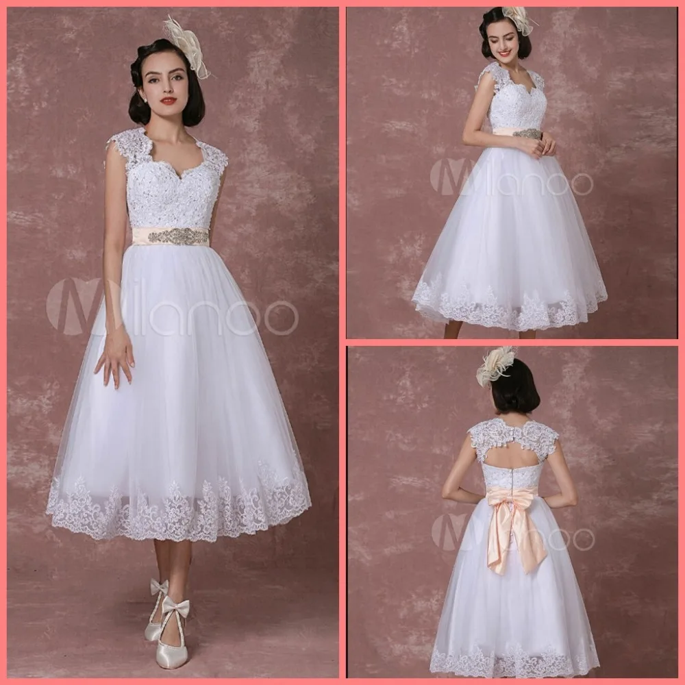 

2019 free shipping short tea length a line wedding dress cap sleeve with sashes and bow sweetheart neckline petite girls wedding