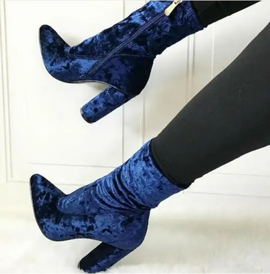 Women New Fashion Pointed Toe Blue Velvet Chunky Heel Short Boots ...