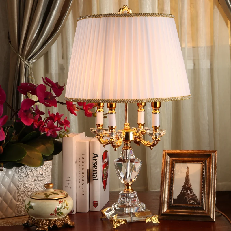 

DX Crystal Bedroom Table Lamp White Fabric Lampshade Living Room Decoration Abajur Table lamp For Bedroom Lamparas De Mesa