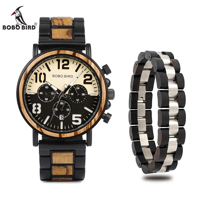 

Relogio Masculino BOBO BIRD Wood Watch and Fashion Bracelet Men Quartz Wristwatches Chronograph Timepiece In Wood Box L-R25
