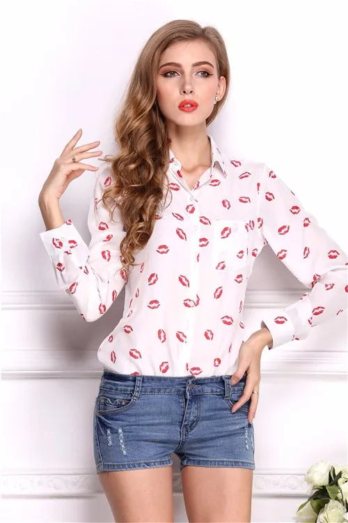Популярная Повседневная тонкая женская рубашка на пуговицах, шифоновая блузка с воротником и длинным рукавом, блузка с принтом в виде поцелуев и губ, женская модная одежда