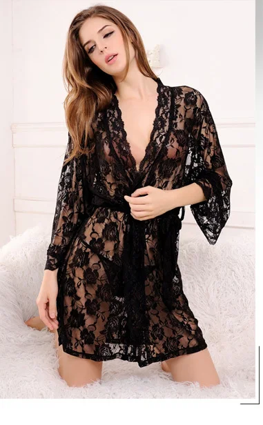 HOT Sexy Design Long Black Lace Robe Bathrobe Nightg