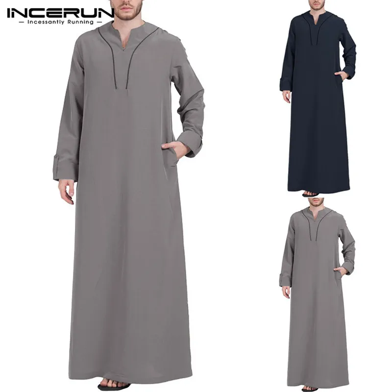 

INCERUN Muslim Costume 2019 Men's Long Sleeve V-Neck Robe Men's Islamic Arabian Solid Color Middle East Saudi Arabia Jubba Thobe