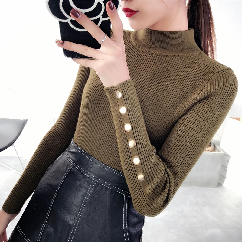 OHCLOTHING 2018 New Fashion half Korean Spring button Sleeve sweater Lady Female Tops Women knitted Fashion Turtleneck Pullover