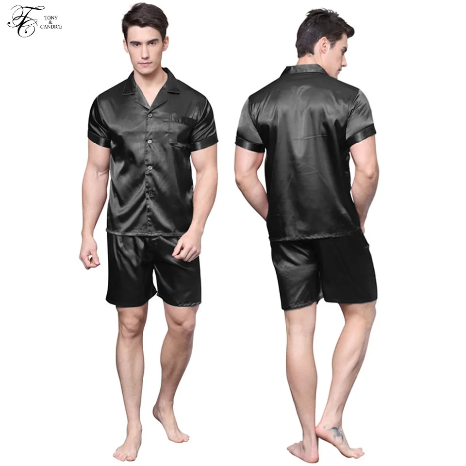 TONY AND CANDICE Men's Satin Pajama Set - Short Sleeve Top & Shorts In Soft Silk-Like Fabric