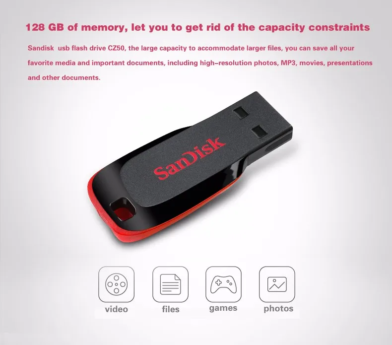 SanDisk USB Flash Drive CZ50 USB 2.0 128G 64G 32G 16G 8G Mini Car USB Stick Pen Drive PenDrive Support Official Verification