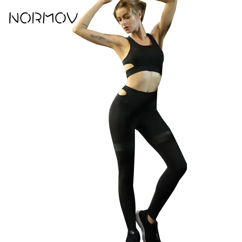 

NORMOV Black Yoga Set Hollow Sexy Sports Bra Hollow High WaistYoga Pants Workout Set Women Gym Set Women Sportwear