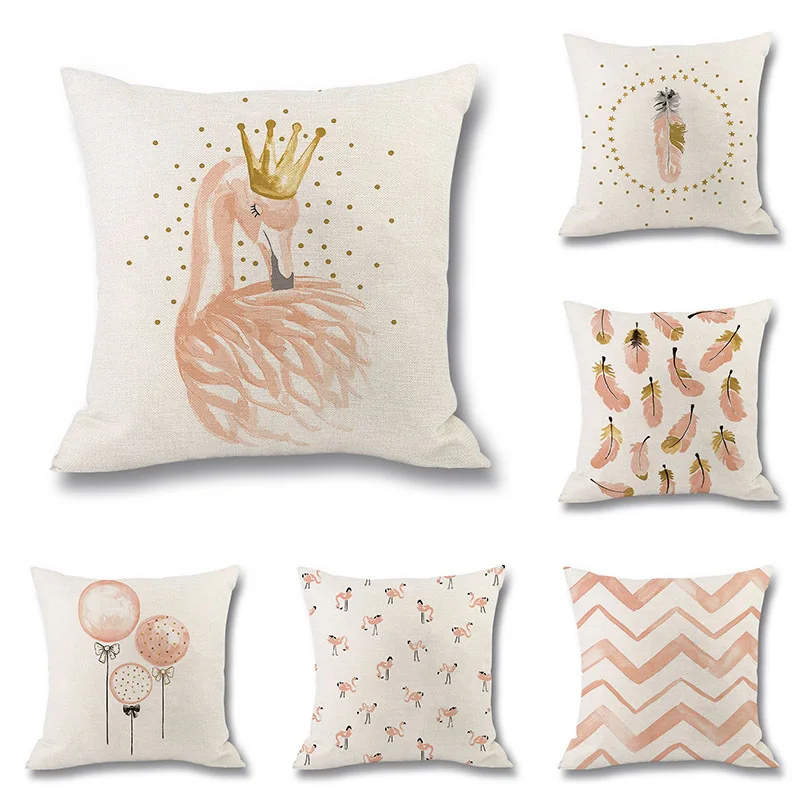 

Pink Flamingo Cushion Cover Watercolor Style Feather Balloon Wave Print Linen Pillowcase for Sofa Bedroom Decorative Home Decor