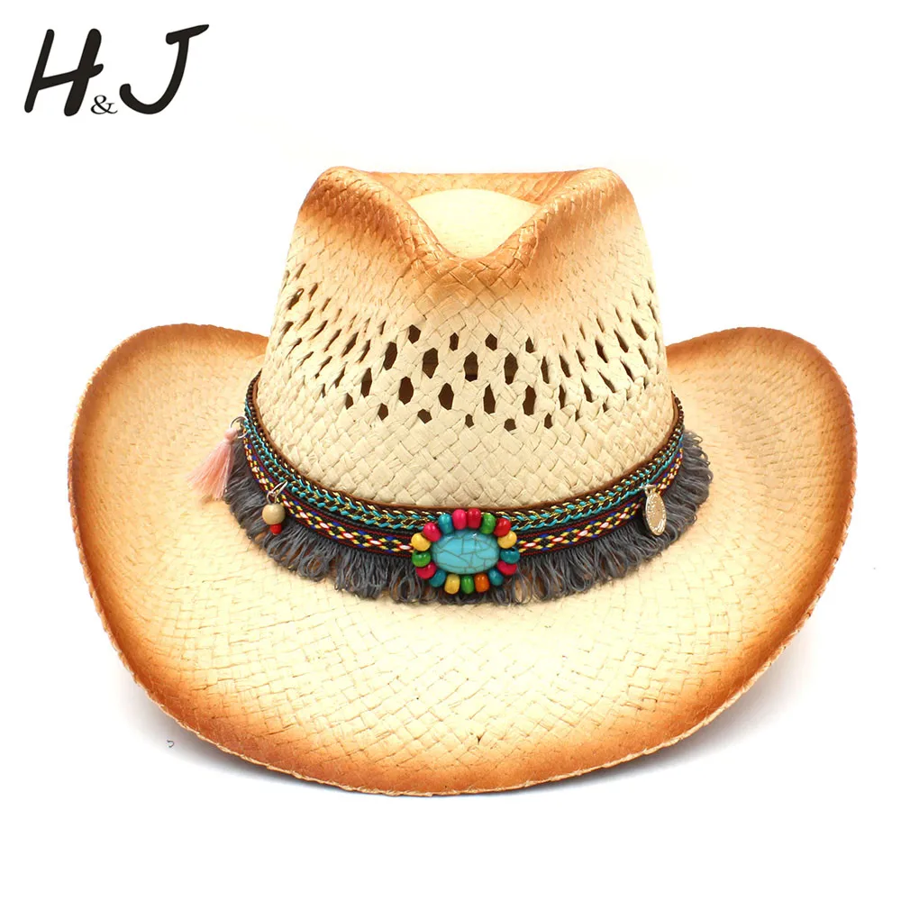 Fashion Women Western Cowboy Hat With Tassel Ribbon Handmade Weave Lady