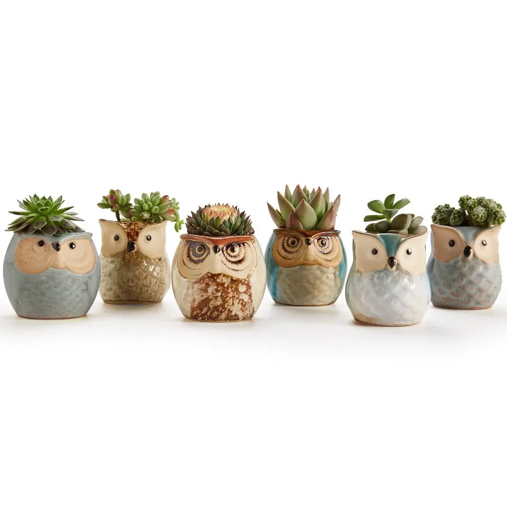 6pcs/lot 2.4 Inch Owl Pot Ceramic Flower Pot Flowing Glaze Base Serial Set Succulent Cactus Plant Container Planter Bonsai Pots