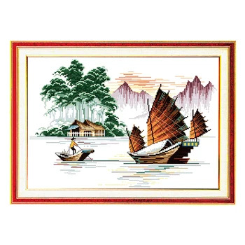 

Joy Sunday chinese crossstitch Fishing boat ship boat DMC14CT11CTcottonfabric livingroom dininghall restaurant home painting
