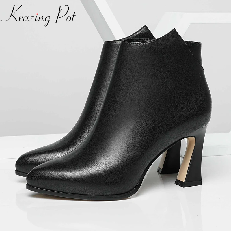 

krazing pot hot sale 2018 genuine leather thick high heels gladiator vintage design elegant women strange model ankle boots L38