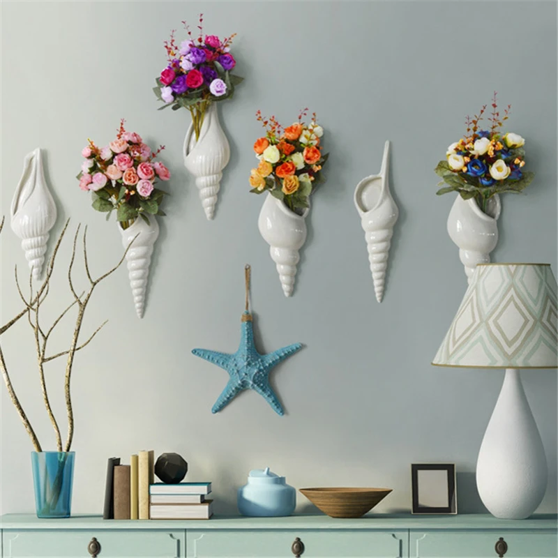 Koop Witte Keramische Conch Muur Opknoping Bloemen Vaas Eenvoudige Moderne 3D Muurschildering Bloem Creatieve Achtergrond Muur Decoratie Thuis Gereedschap