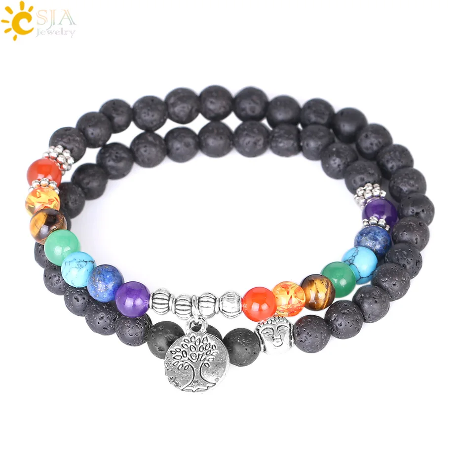 

CSJA Women 7 Chakra Meditation Jewelry Natural Lava Rock Stone Beaded Bracelets Multilayers Life Tree Charm Strand Bracelet E871