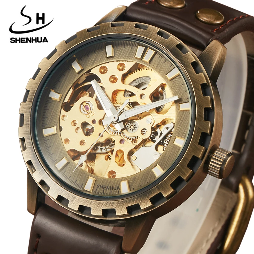 

Retro Bronze automatic Skeleton men Watch military leather mechanical Watches self-wind Wristwatches Relogio Masculino xfcs 2018