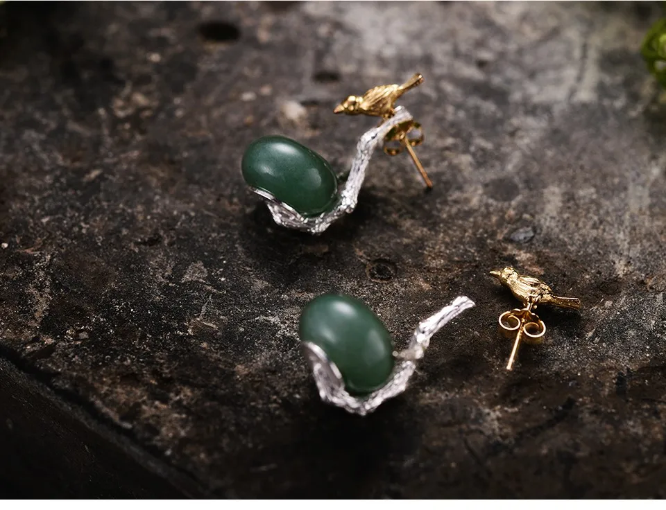 Lotus весело Настоящее стерлингового серебра 925 натуральный камень творческий ручной Fine Jewelry прекрасная птица Висячие серьги для женщин brincos