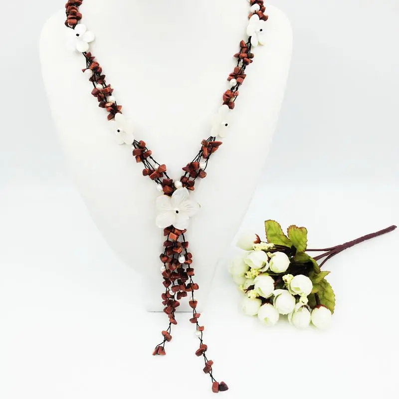 

Natural Stone Gold Sands Stone,Shell Flowers,Freshwater Pearl with Jade Toggle Clasp Necklace approx 60cm Fashion Women Jewelry