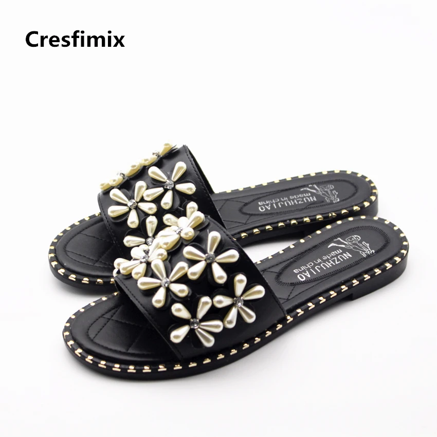 

Cresfimix women fashion high quality spring & summer flat slippers with pearls female cute white & black outside slippers